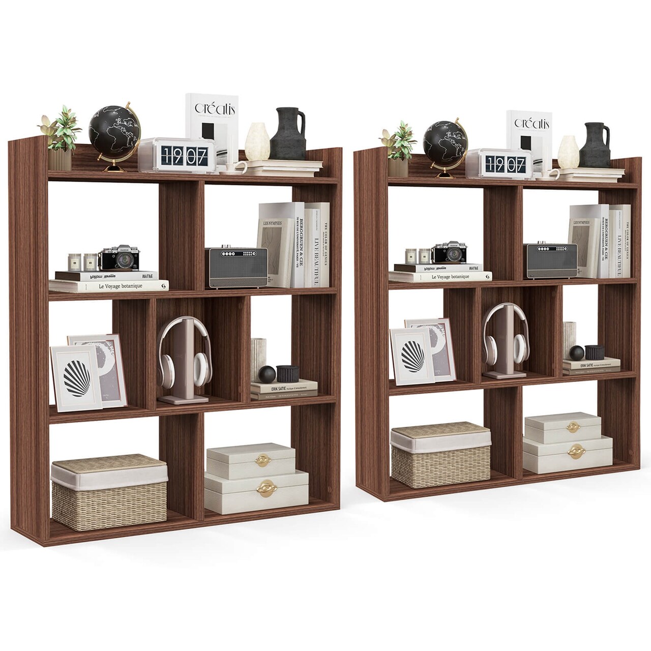 Costway 1/2 PCS 7-cube Bookcase Open Storage Shelf with Anti-tipping Kits for Living Room Walnut